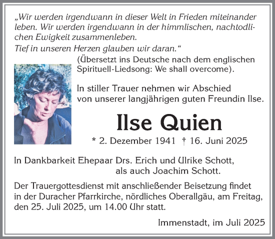 Traueranzeige von Ilse Quien von Allgäuer Zeitung,Kempten