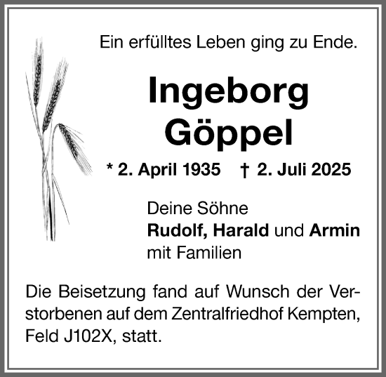 Traueranzeige von Ingeborg Göppel von Allgäuer Zeitung,Kempten