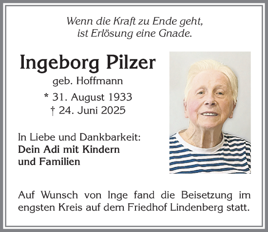 Traueranzeige von Ingeborg Pilzer von Allgäuer Zeitung, Kaufbeuren/Buchloe