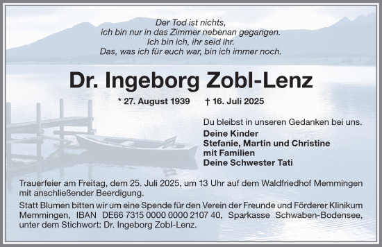 Traueranzeige von Ingeborg Zobl-Lenz von Memminger Zeitung