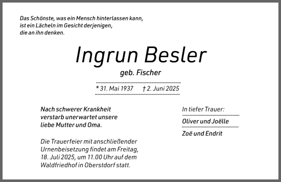 Traueranzeige von Ingrun Besler von Allgäuer Anzeigeblatt