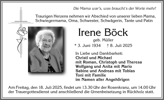 Traueranzeige von Irene Böck von Allgäuer Zeitung, Füssen