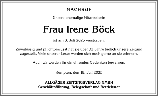 Traueranzeige von Irene Böck von Allgäuer Zeitung, Füssen