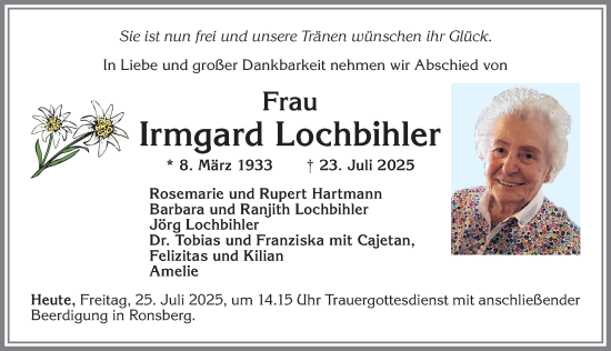 Traueranzeige von Irmgard Lochbihler von Allgäuer Zeitung, Marktoberdorf