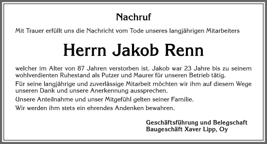 Traueranzeige von Jakob Renn von Allgäuer Zeitung,Kempten