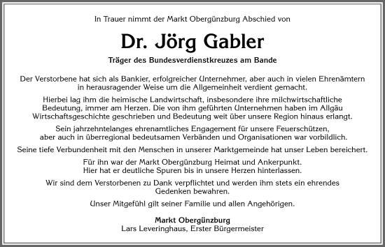 Traueranzeige von Jörg Gabler von Allgäuer Zeitung, Marktoberdorf