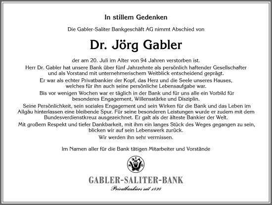 Traueranzeige von Jörg Gabler von Allgäuer Zeitung, Gesamtausgabe