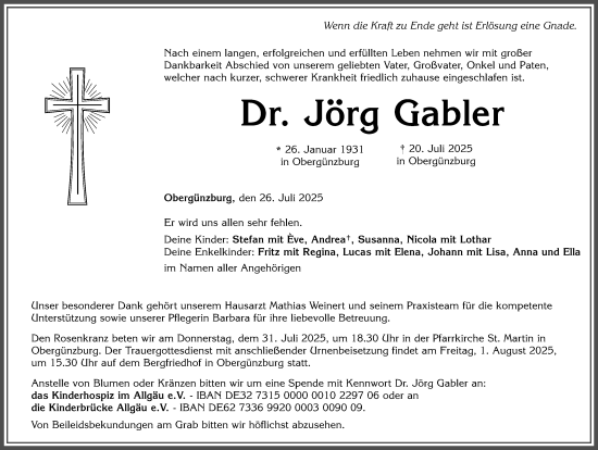 Traueranzeige von Jörg Gabler von Allgäuer Zeitung, Gesamtausgabe
