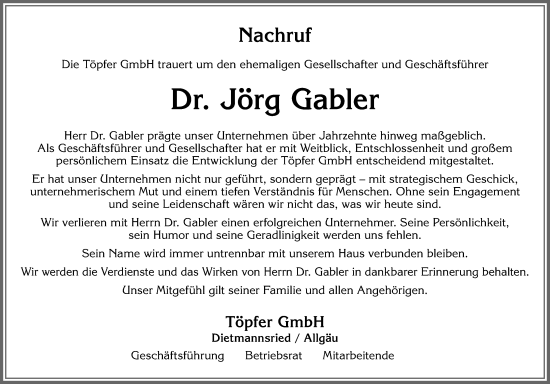 Traueranzeige von Jörg Gabler von Allgäuer Zeitung, Gesamtausgabe
