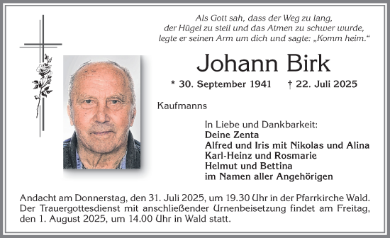 Traueranzeige von Johann Birk von Allgäuer Zeitung, Marktoberdorf