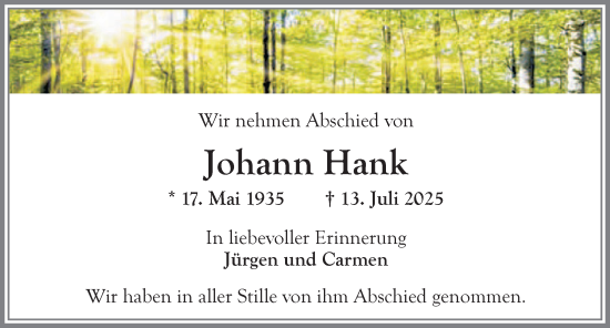 Traueranzeige von Johann Hank von Allgäuer Zeitung, Kaufbeuren/Buchloe