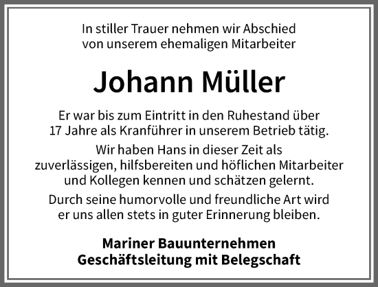 Traueranzeige von Johann Müller von Allgäuer Zeitung, Kaufbeuren/Buchloe