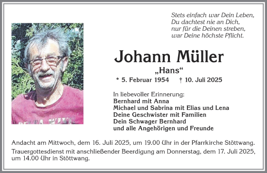 Traueranzeige von Johann Müller von Allgäuer Zeitung, Kaufbeuren/Buchloe