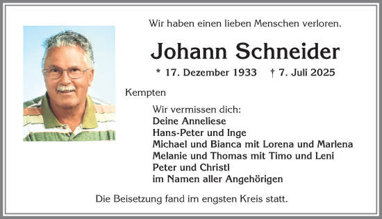 Traueranzeige von Johann Schneider von Allgäuer Zeitung,Kempten