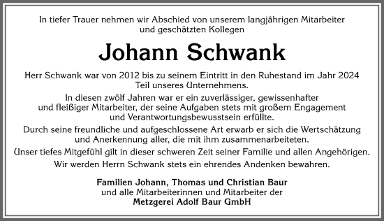Traueranzeige von Johann Schwank von Memminger Zeitung