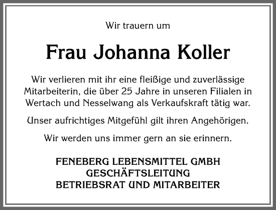 Traueranzeige von Johanna Koller von Allgäuer Anzeigeblatt
