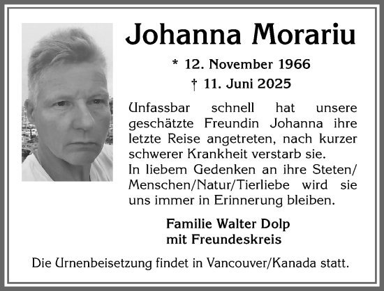 Traueranzeige von Johanna Morariu von Allgäuer Zeitung,Kempten