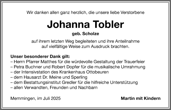 Traueranzeige von Johanna Tobler von Memminger Zeitung