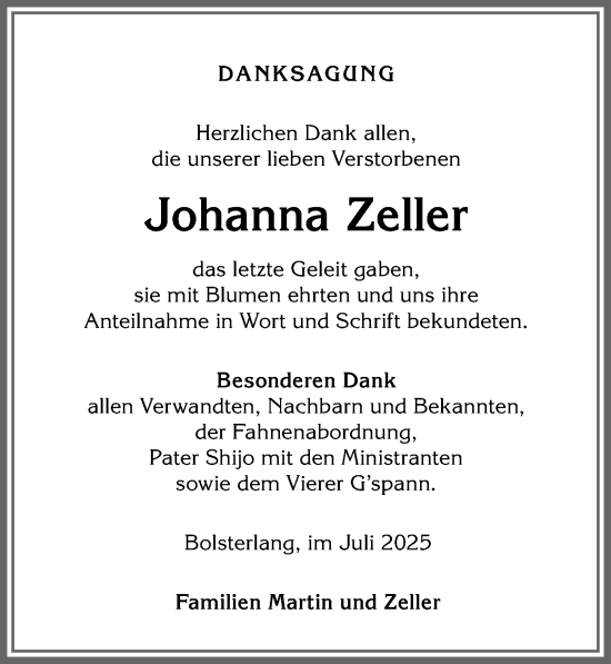 Traueranzeige von Johanna Zeller von Allgäuer Anzeigeblatt