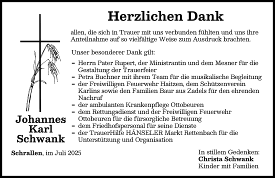 Traueranzeige von Johannes Karl Schwank von Memminger Zeitung