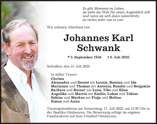 Traueranzeige von Johannes Karl Schwank von Memminger Zeitung