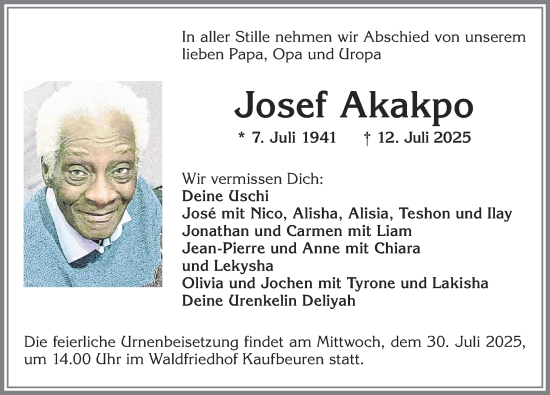 Traueranzeige von Josef Akakpo von Allgäuer Zeitung, Kaufbeuren/Buchloe