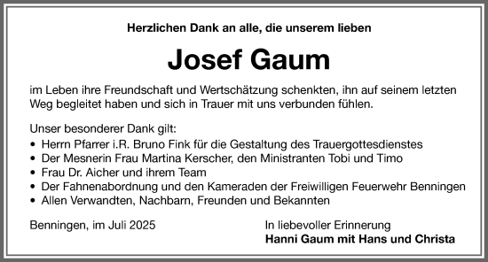 Traueranzeige von Josef Gaum von Memminger Zeitung
