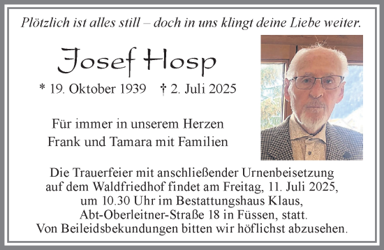 Traueranzeige von Josef Hosp von Allgäuer Zeitung, Füssen