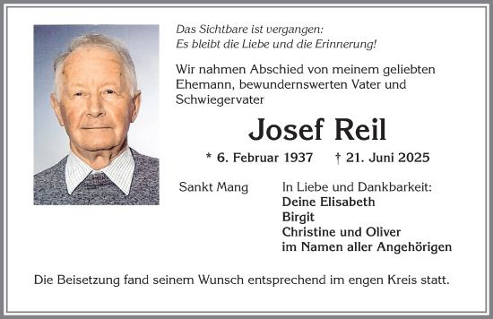 Traueranzeige von Josef Reil von Allgäuer Zeitung,Kempten