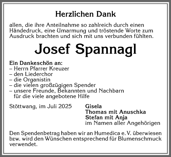 Traueranzeige von Josef Spannagl von Allgäuer Zeitung, Kaufbeuren/Buchloe