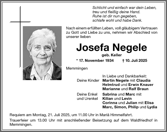 Traueranzeige von Josefa Negele von Memminger Zeitung