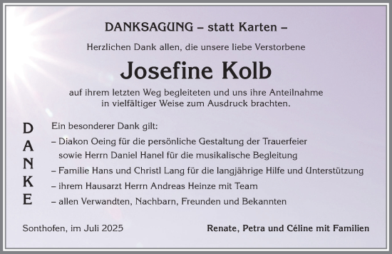 Traueranzeige von Josefine Kolb von Allgäuer Anzeigeblatt