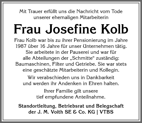 Traueranzeige von Josefine Kolb von Allgäuer Anzeigeblatt