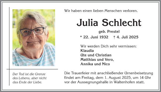 Traueranzeige von Julia Schlecht von Allgäuer Zeitung,Kempten