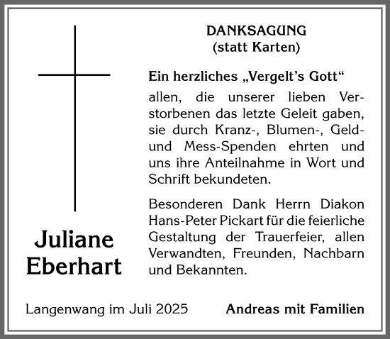 Traueranzeige von Juliane Eberhart von Allgäuer Anzeigeblatt