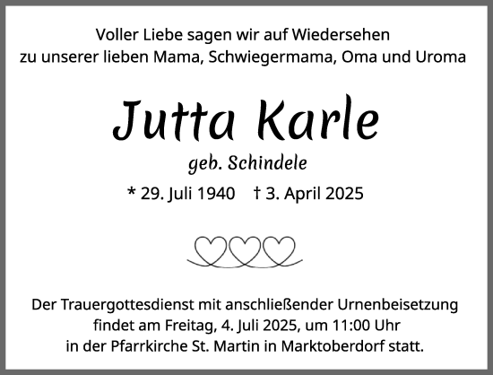 Traueranzeige von Jutta Karle von Allgäuer Zeitung, Marktoberdorf