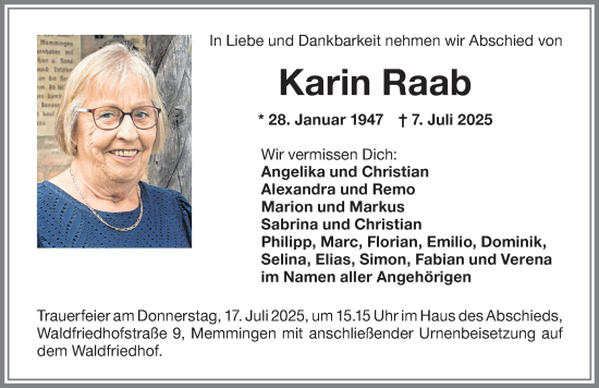 Traueranzeige von Karin Raab von Memminger Zeitung