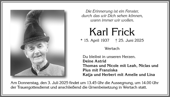 Traueranzeige von Karl Frick von Allgäuer Anzeigeblatt