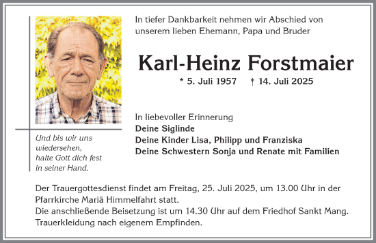 Traueranzeige von Karl-Heinz Forstmaier von Allgäuer Zeitung,Kempten