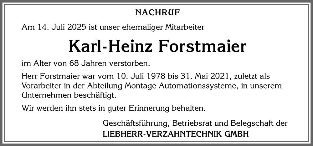  Traueranzeige für Karl-Heinz Forstmaier vom 24.07.2025 aus Allgäuer Zeitung,Kempten