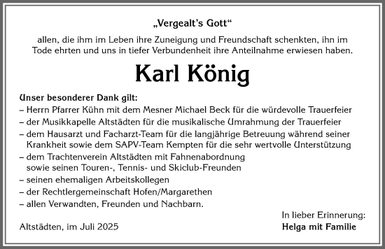 Traueranzeige von Karl König von Allgäuer Anzeigeblatt