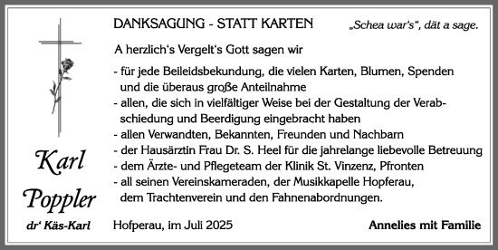 Traueranzeige von Karl Poppler von Allgäuer Zeitung, Füssen