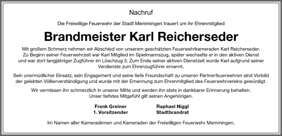 Traueranzeige von Karl Reicherseder von Memminger Zeitung
