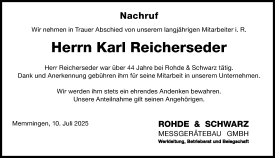 Traueranzeige von Karl Reicherseder von Memminger Zeitung