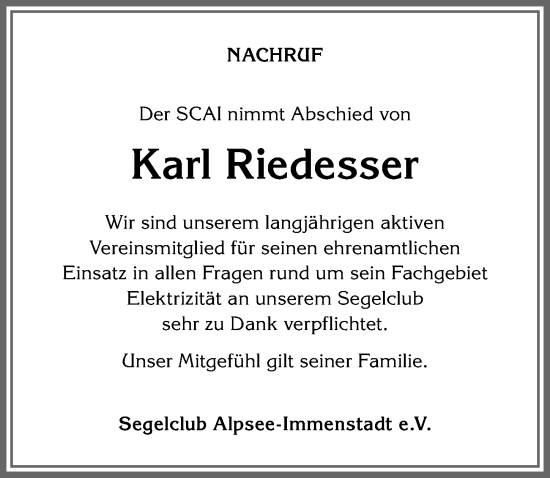 Traueranzeige von Karl Riedesser von Allgäuer Anzeigeblatt