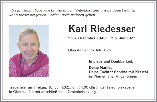 Traueranzeige von Karl Riedesser von Allgäuer Anzeigeblatt