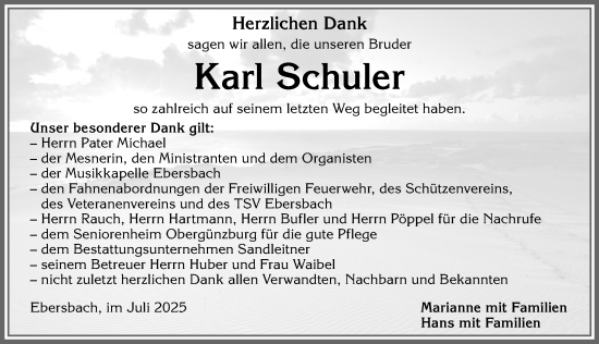 Traueranzeige von Karl Schuler von Allgäuer Zeitung, Marktoberdorf