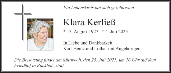 Traueranzeige von Klara Kerlies von Allgäuer Zeitung, Füssen