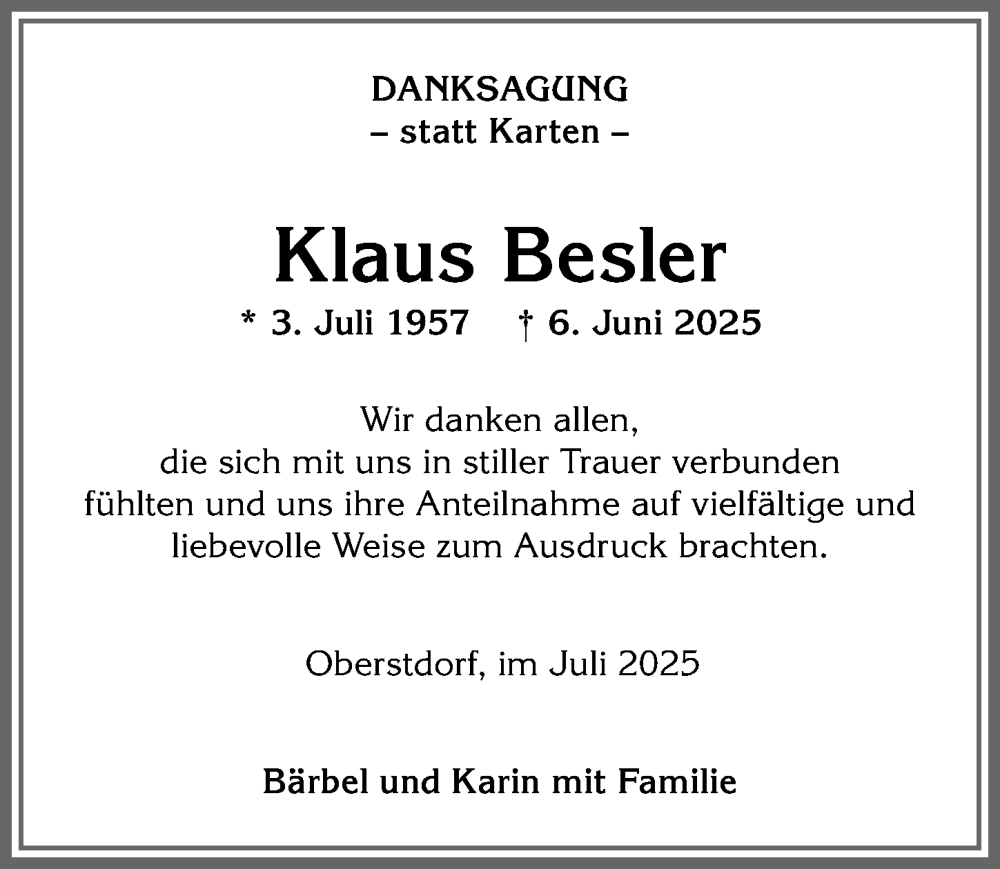  Traueranzeige für Klaus Besler vom 18.07.2025 aus Allgäuer Anzeigeblatt