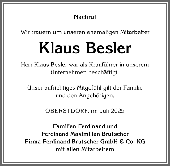 Traueranzeige von Klaus Besler von Allgäuer Anzeigeblatt